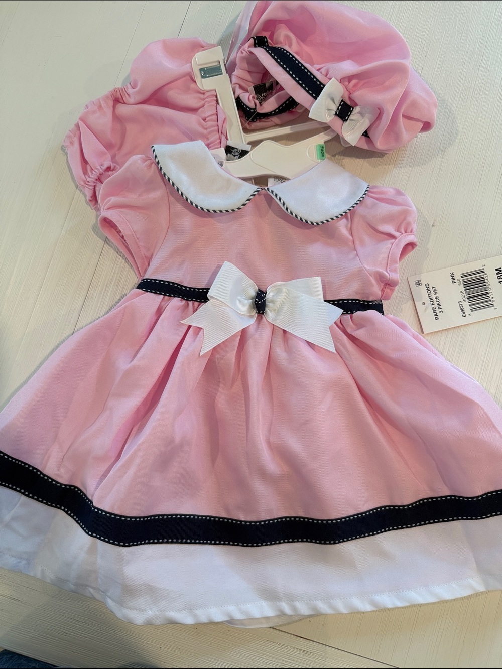 Pink Bow Trim Baby Dress with bonnet and bloomers